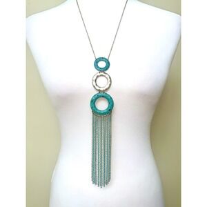 JV Hammered Silver Tone Turquoise Style Cascading Circles Fringe Necklace